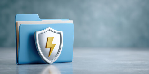 Secure blue folder with shield and lightning symbol implies fast digital data transfer safety