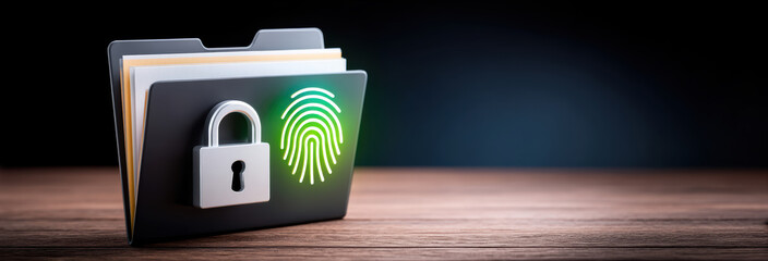 Secure data transfer concept with locked digital folder and green fingerprint for safety