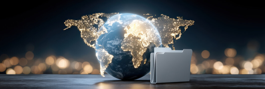 Secure global data transfer concept with glowing world map and file folder - Powered by Adobe