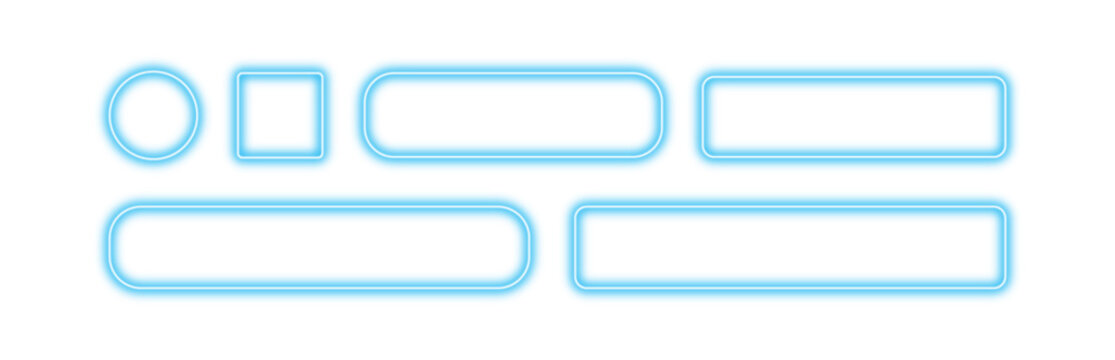 set of colorful neon glowing shapes including a circle, square, and rounded rectangles isolated on a white background for web design and ui elements