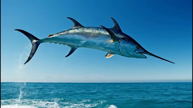 A whole swordfish with a very long, sharp bill jumping from blue sea