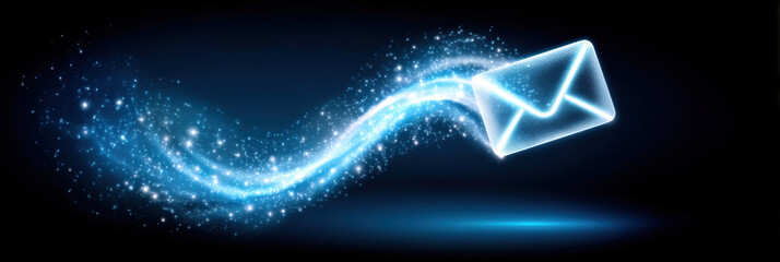 Fast blue email message flying with neon light trail depicting rapid data transfer