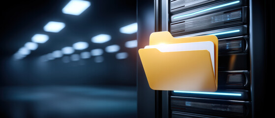 Yellow folder representing fast data transfer on blue server rack background