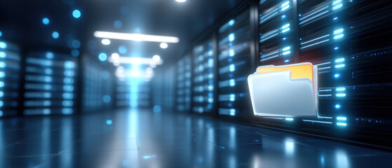 Futuristic server room with folder icon showing secure digital data transfer