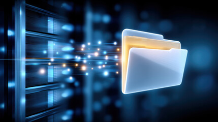 Futuristic server digital data transfer to folder with fast dynamic internet connection flow