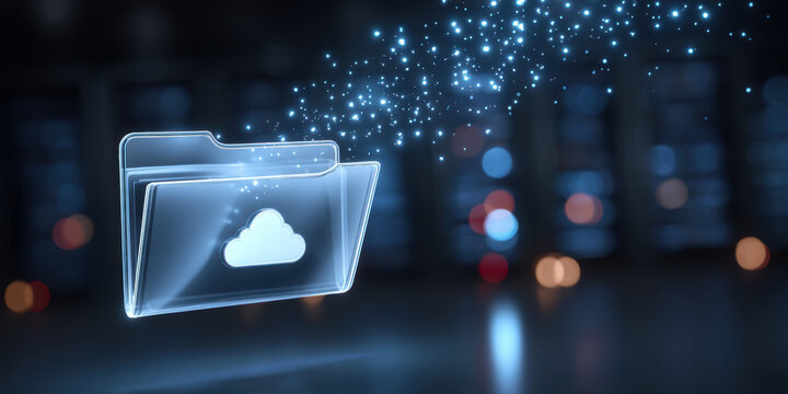 Glowing blue folder icon showing rapid data transfer for cloud storage - Powered by Adobe
