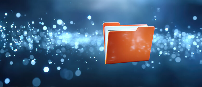 Efficient digital data transfer into orange folder with futuristic abstract blue light - Powered by Adobe