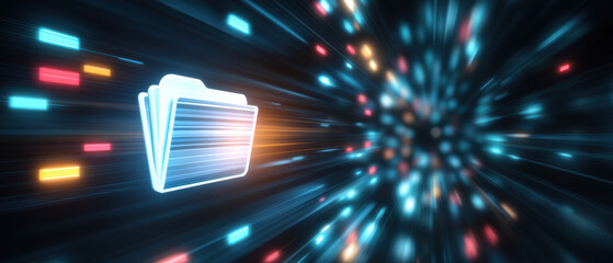 Digital folder glowing in motion with data transfer light streaks and dynamic energy