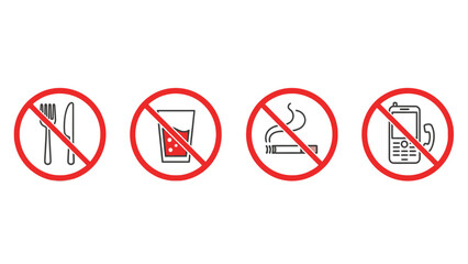 Collection of universal prohibition signs illustrating no eating drinking smoking or using mobile phones in designated areas clearly marked