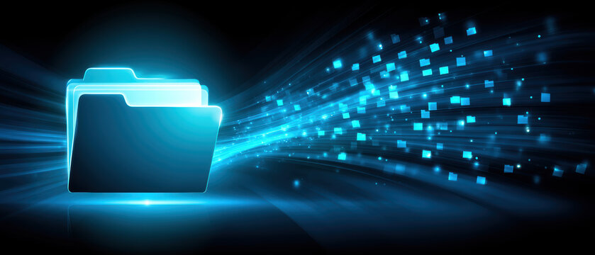 Digital folder with glowing data transfer stream in blue light conveying fast file movement
