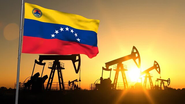 Flag waves over oil pumpjack sunset. Venezuela flag and rig and pumpjack illustrate energy industry and petroleum production. Scene conveys oil economy and resource extraction. Dramatic golden light.