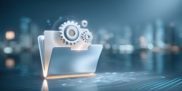 Futuristic digital folder with gears managing secure data transfer for efficient technology - Powered by Adobe