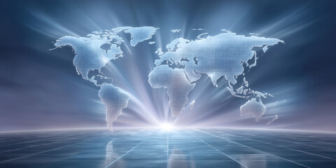 Dynamic blue world map concept representing fast global digital data transfer