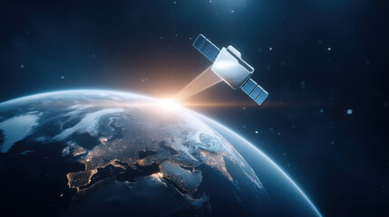 Futuristic satellite in deep space orbit for global data transfer communication
