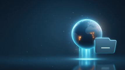 Futuristic digital folder near glowing earth displaying global data transfer concept