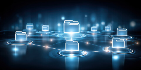 Futuristic blue digital network folder system for secure data transfer