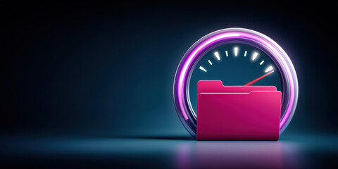 Rapid pink folder data transfer concept with fast neon speedometer