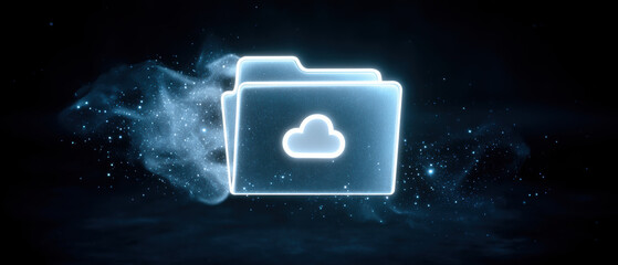 Neon tech cloud folder symbolizing fast digital data transfer in cyberspace