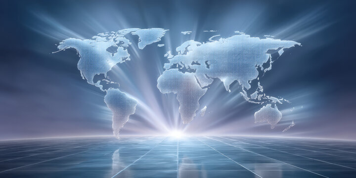 Dynamic blue world map concept representing fast global digital data transfer - Powered by Adobe