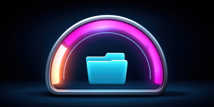 Rapid digital data transfer concept with folder and neon speed gauge showing high velocity - Powered by Adobe