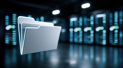 Secure digital folder handling data transfer process inside modern server technology room