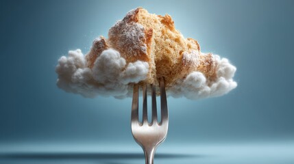 Fork embedded upright in airy bread resembling clouds, isolated against solid gradient background. Clean, sharp textures delicate crumb alongside