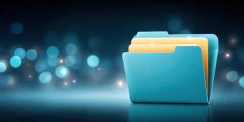 Blue digital folder icon for secure data transfer and file storage with abstract lights