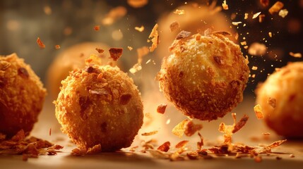 Fried takoyaki balls collide, bonito flakes scattering dramatically around sharp textured crusts. Warm lighting crisp golden surfaces, ensuring commercial
