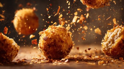 Fried takoyaki balls collide, bonito flakes scattering dramatically around sharp textured crusts. Warm lighting crisp golden surfaces, ensuring commercial