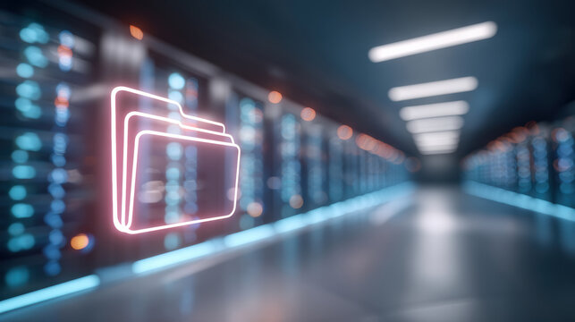 Futuristic glowing folder icon representing secure data transfer in server room corridor - Powered by Adobe