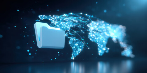 Futuristic blue folder with world map for secure global data transfer