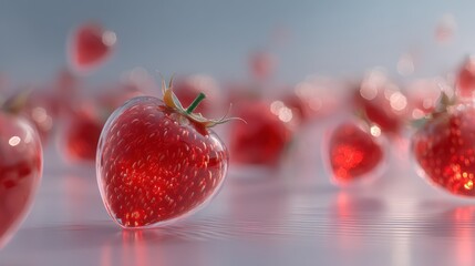Futuristic floating fields of glowing strawberries hover against a smooth reflective ground. fruit emits soft light, casting precise shadows.