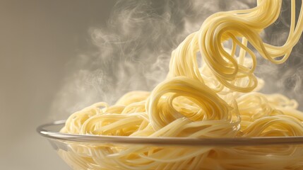 Glass gleams in pure focus as noodles drift weightlessly, curling in graceful arcs above the bowl. Fine steam dissipates