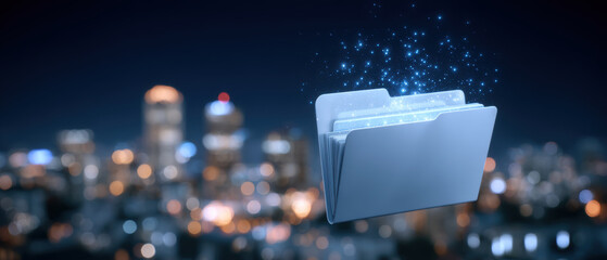 Glowing digital folder representing secure data transfer with futuristic city night
