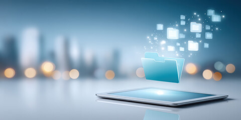 Blue digital tablet displaying rapid data transfer from open folder icon