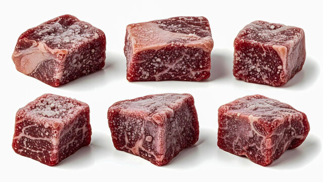 Arrangement of freshly frozen, uncooked meat cubes, ideal for stewing or slow cooking, displayed against a pristine white backdrop, emphasizing texture and frosty appearance