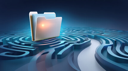 File folder navigating blue maze for secure digital data transfer concept