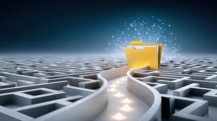 Glowing folder marks success with data transfer solution in complex maze labyrinth path