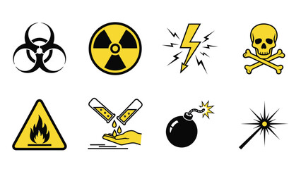 Collection of universally recognized danger warning symbols illustrating potential hazards like radiation toxicity electricity flammability and explosive risk for safety education