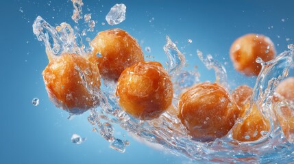 Glazed dough balls collide midair, crystalline sugar shards scattering outward in frozen arcs. Glossy surfaces reflect controlled highlights, emphasizing