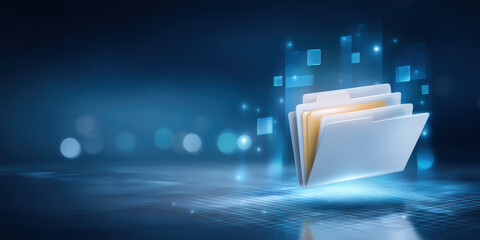 Futuristic blue folder showing digital data transfer on abstract technology background