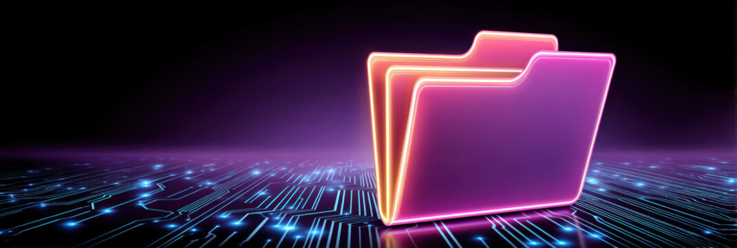 Glowing pink folder icon for digital data transfer and technology file storage - Powered by Adobe