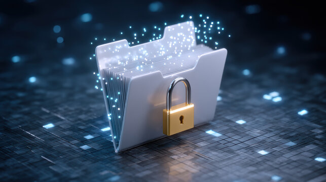 Digital folder with padlock ensuring safe data transfer and secure technology protection - Powered by Adobe
