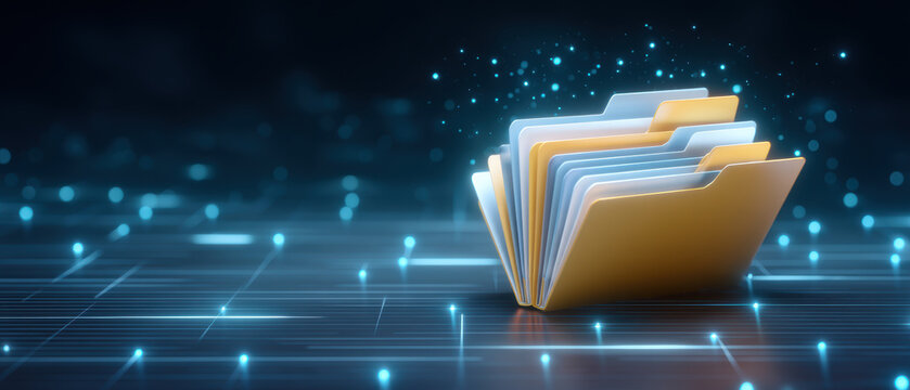 Digital file folder document concept showing rapid data transfer network