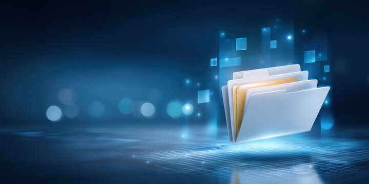 Futuristic blue folder showing digital data transfer on abstract technology background