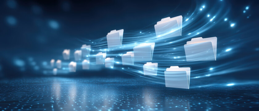 Rapid digital data transfer with flying file folders dynamic blue speed technology background