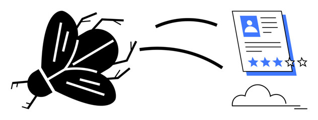 Fly morphs into a digital profile document with user rating stars. Ideal for change, technology, evolution, digital identity, innovation, creativity, humor, simple flat metaphor