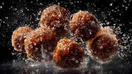 Glazed dough balls slam together, sugar shards flying in frozen mid-motion. The glossy textures reflect controlled lighting, ensuring a