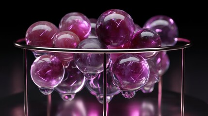 Glowing crystalline grapes hover in suspension above a flawless metallic pedestal, sphere refracting inner neon veins. Shadows fall crisply,