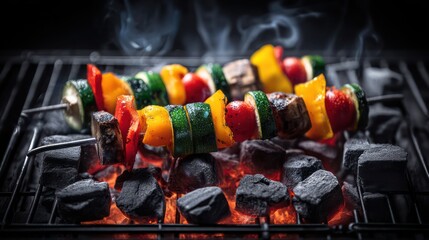 Glowing charcoal briquettes arranged beneath steel grill grates, their fiery texture captured in ultra-detailed clarity. A single skewer of